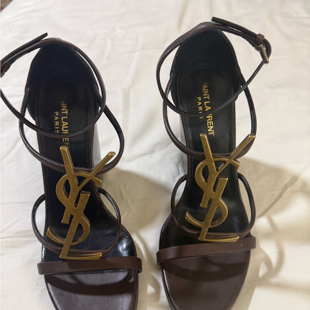 Saint Laurent Dark Brown Heels with Gold Logo
